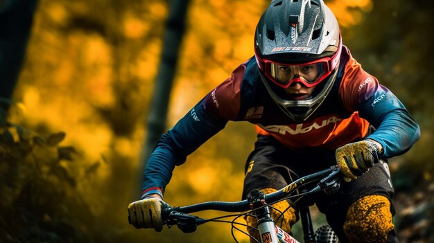 A person riding a bike wearing a jersey that says'team mountain bike '