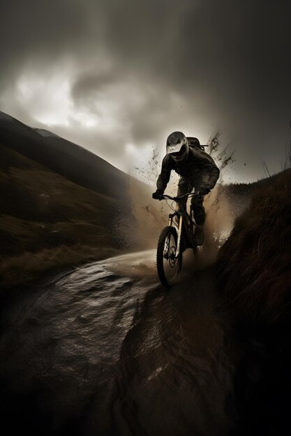 A person riding a bike on a wet road with a dark sky in the background.