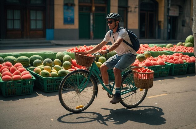 Photo a person riding a bike with a basket full of waterme