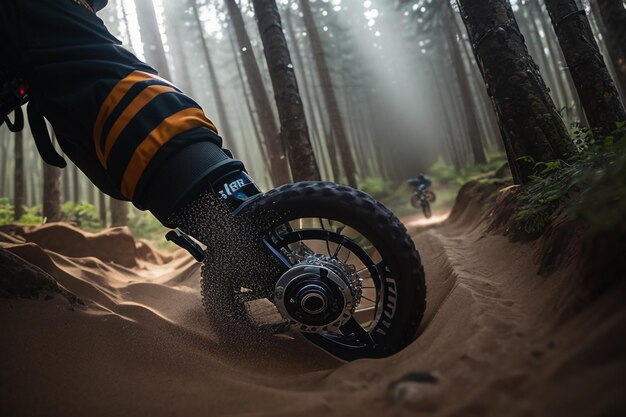 A person riding a bike in the woods with the word lm on the back wheel.