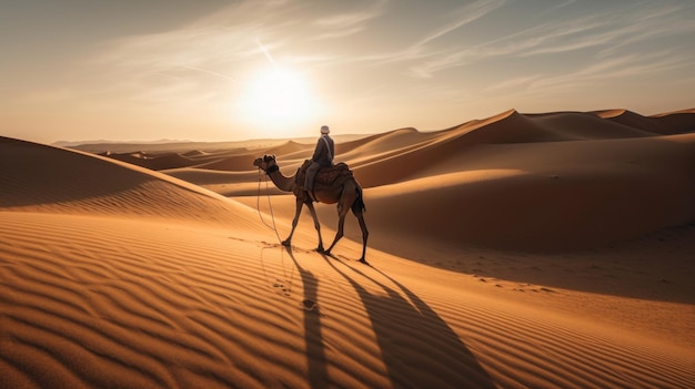 砂漠でラクダに乗る人物 AI生成画像