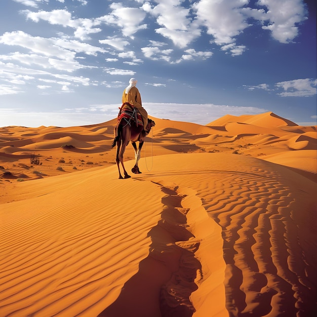 사막 풍경 에서 낙타 를 타고 있는 사람