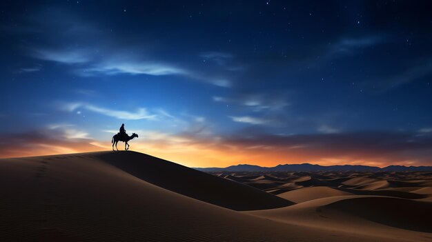 Photo a person riding a camel in the desert