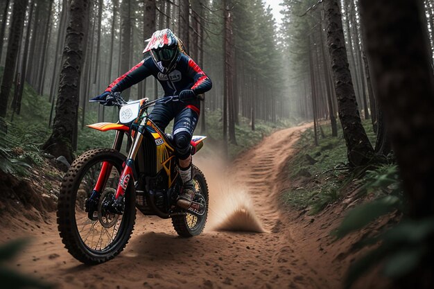 A person riding a dirt bike in a forest