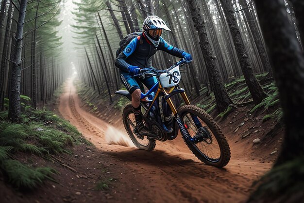 A person riding a dirt bike in a forest