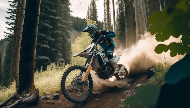 A person riding a dirt bike in a forest