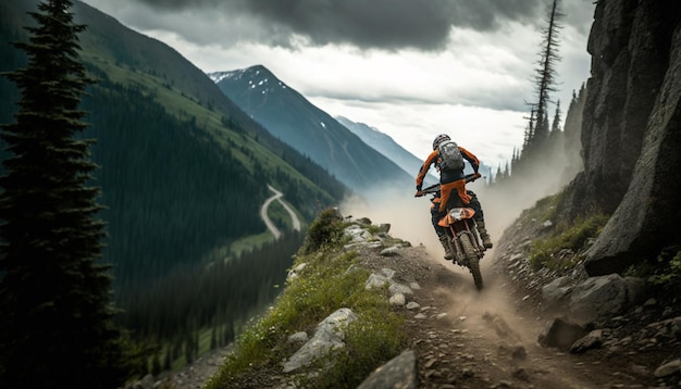 A person riding a dirt bike on a mountain road