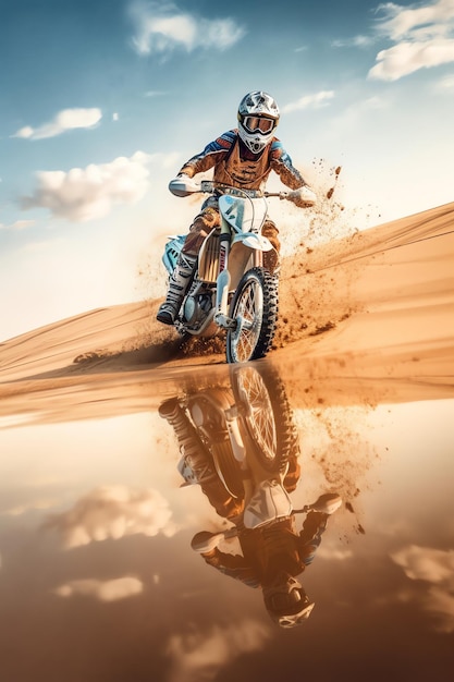 A person riding a dirt bike in the sand with the word moto on it