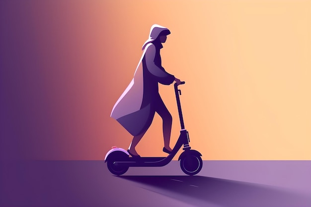 A person riding an electric scooter on a colorful background.