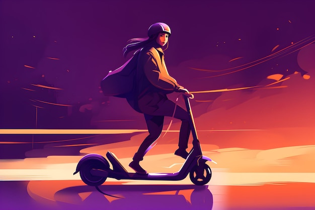 A person riding an electric scooter with a purple background.