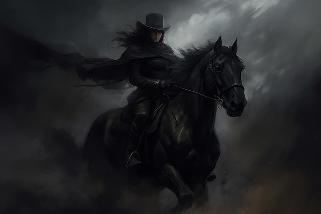 A person riding a horse in a dark cloudy sky.