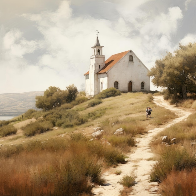 a person riding a horse on a dirt path with a church on the top