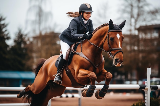 A person riding a horse is jumping over a fence