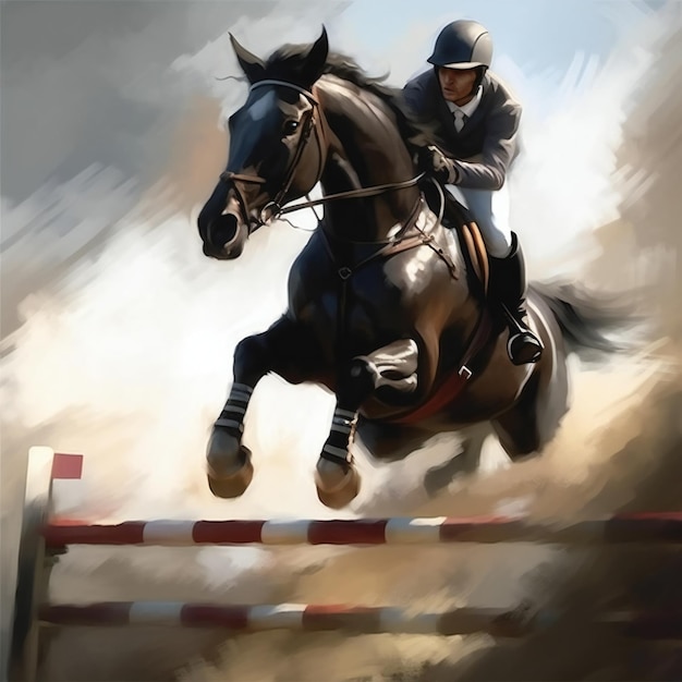 A person riding a horse is jumping over a hurdle.