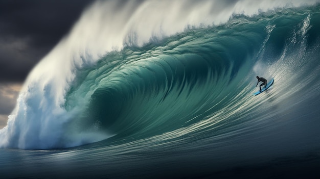 Photo a person riding on a large wave in the ocean