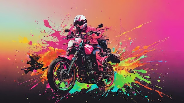 Человек на мотоцикле на красочном фоне