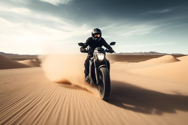 A person riding a motorcycle in the desert