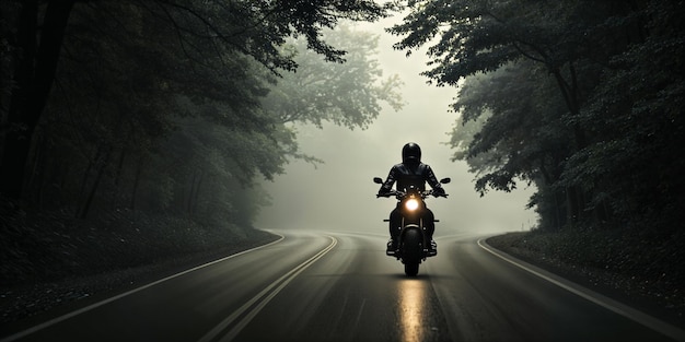 A person riding a motorcycle on a foggy road surrounded by trees and a forestlike setting
