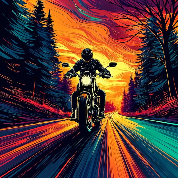 A person riding a motorcycle on a road at sunset with the sky painted in vibrant colors and tall trees lining the street