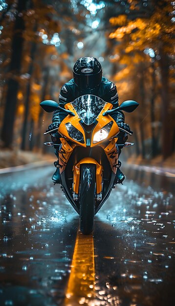 Photo a person riding a motorcycle on a wet road