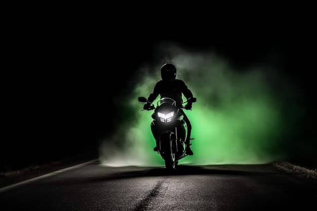 A person riding a motorcycle with a green smoke trail behind them.