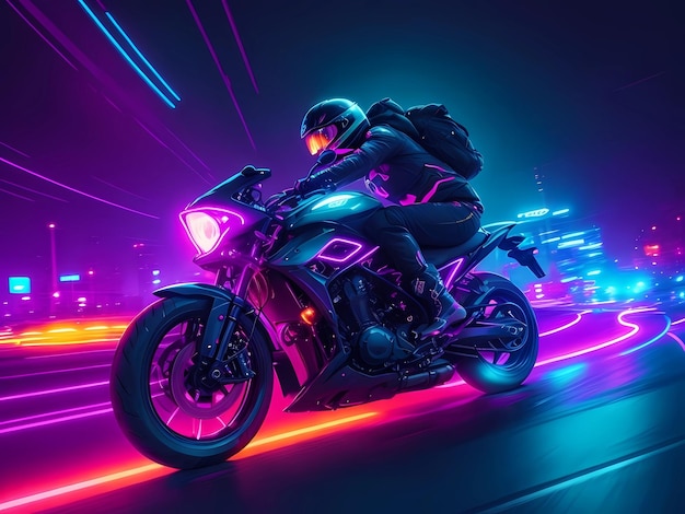 a person riding a motorcycle with neon lights on the side of the road.