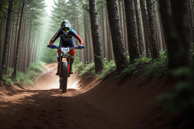 A person riding a mountain bike in a forest