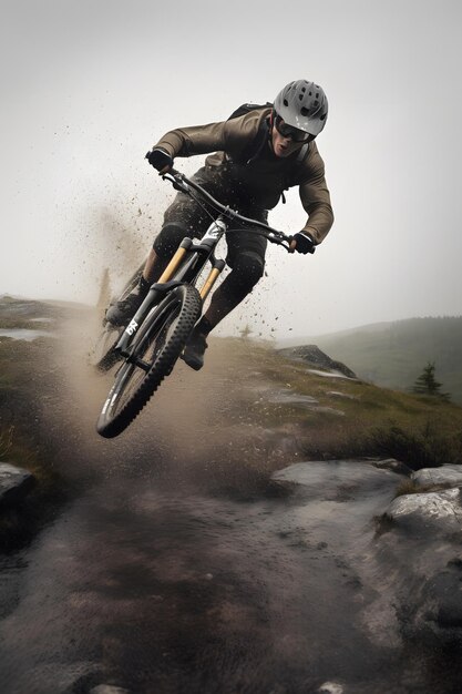 A person riding a mountain bike on a muddy trail