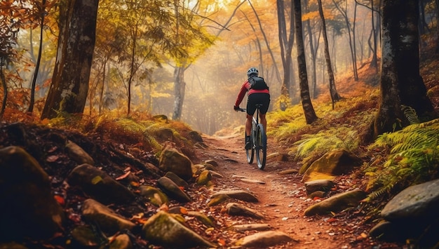 숲에서 산악자전거를 타는 사람