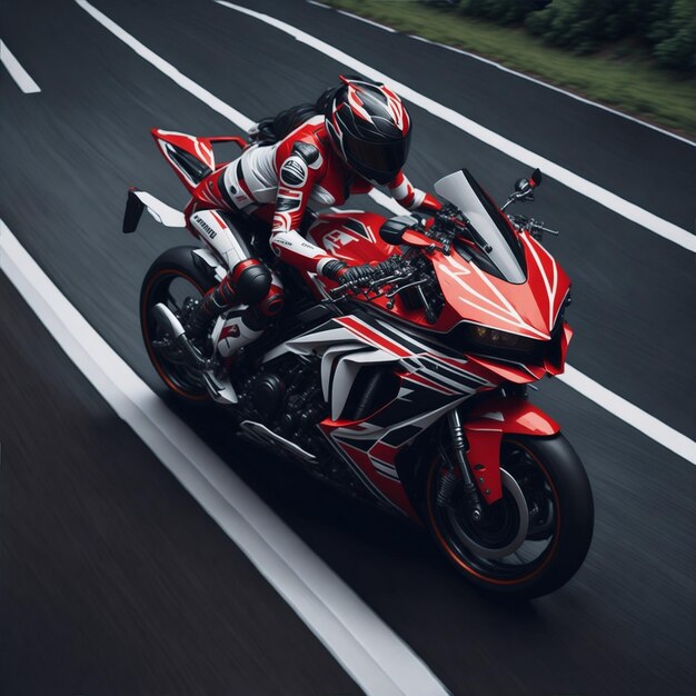 A person riding a red and black motorcycle with the number 4 on the front.