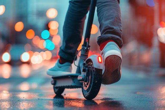 Foto persona che guida uno scooter in città in primo piano immagine ritagliata gambe su scooter elettrico