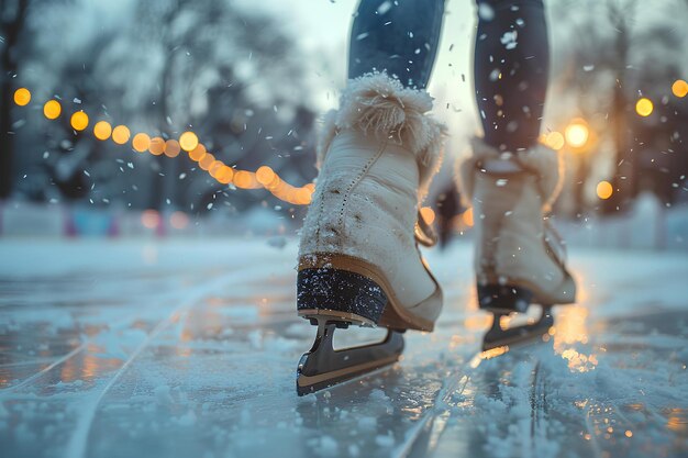 スケートボードに乗って雪の中の通りを下りてその上に靴を2つ持っている人