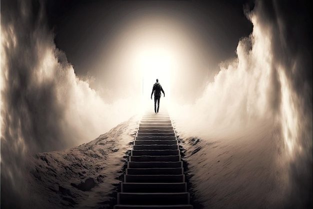 Premium Photo | Person rising on way to success by stairway to heaven