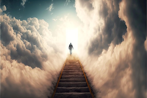 Person rising on way to success by stairway to heaven