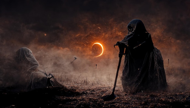 Person in robe with cane in misty desert against dark sky