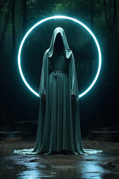 a person in a robe with a glowing circle around them