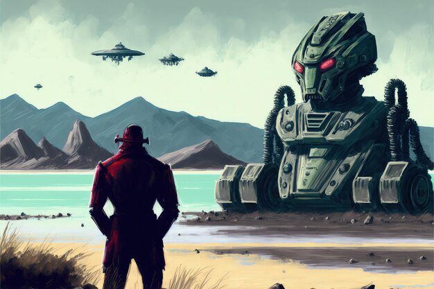 A person and a robot examining a new colony on an alien planet embodying the concept of exploration and adventure Fantasy concept Illustration painting Generative AI