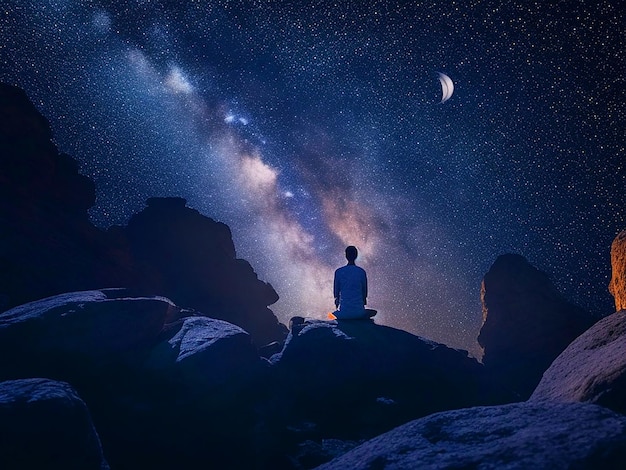 A person on the rock outdoors meditating