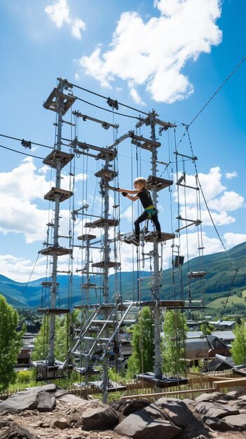 a person on a rope course in the mountains