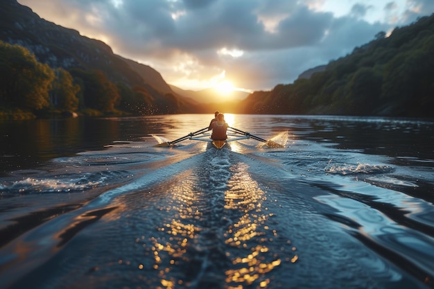 Photo person rowing boat on body of water