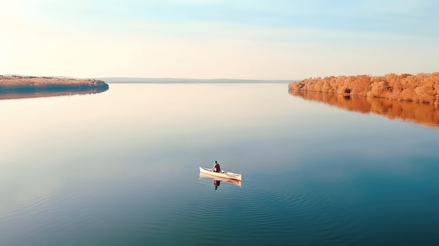 Person rowing on a calm lake in autumn aerial view only small boat visible with serene water around