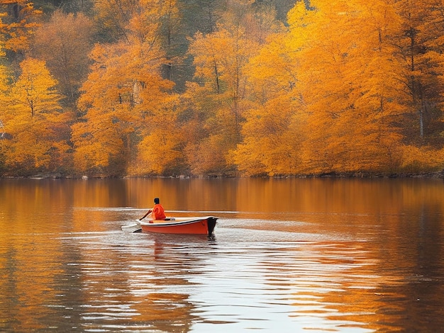 Person rowing on a calm lake in autumn