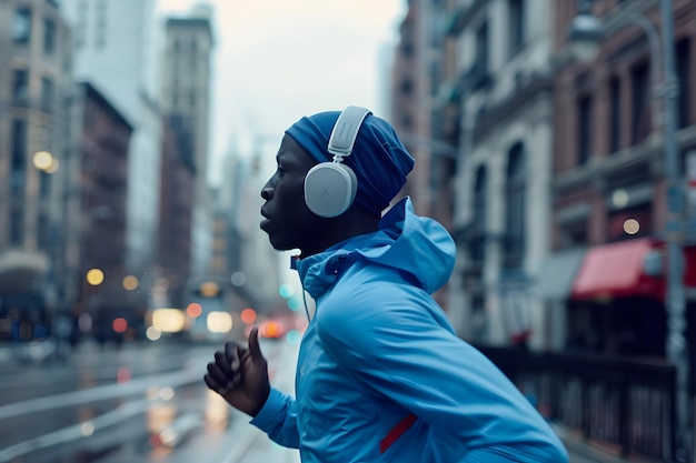 Photo person running in the city with headphones in the rain