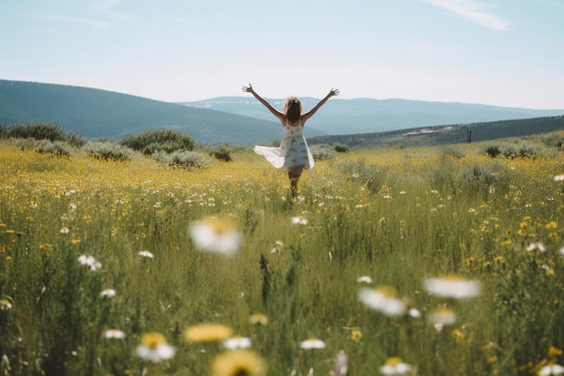 Foto una persona che corre liberamente in un campo di fiori di campo salute mentale