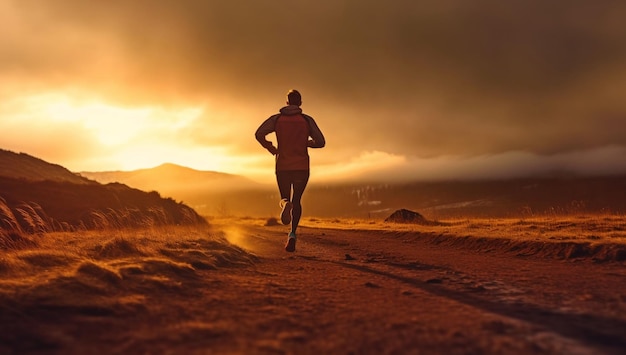 A person running on a road at sunset