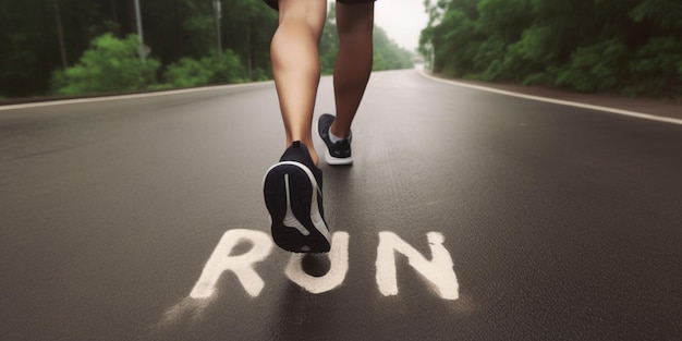 A person running on a road with the word run written on it