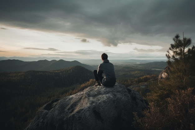 A person's back view sitting on a rock and looking at a breathtaking landscape representing awe