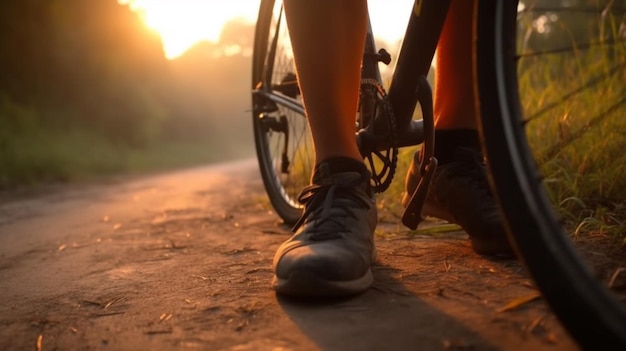 A person's foot is shown on a bike.