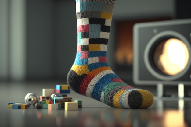 A person's foot in a sock with colorful squares on the floor.