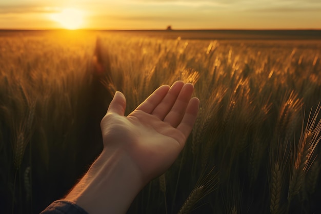 A person's hand in the field at sunset generative ai